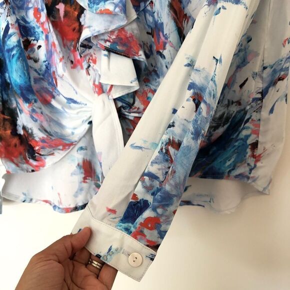 Karen Kane Ruffle Blouse Abstract Long Sleeve Top White Blue Made in USA Small - Picture 4 of 10